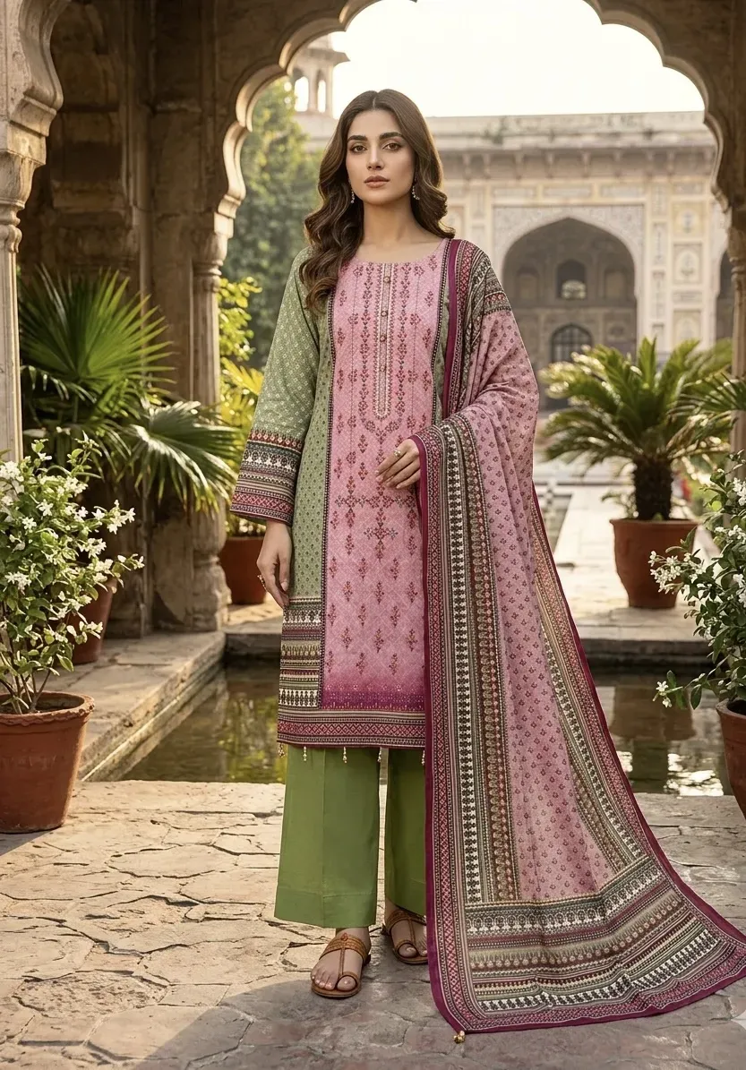 Charming Pink & Olive Green 3-Piece Lawn with Chiffon dupatta