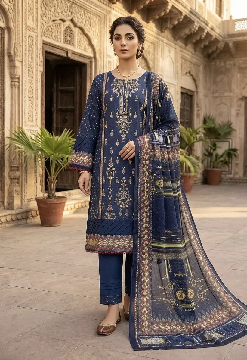 Indigo Blue 3-Piece Lawn with Chiffon Dupatta