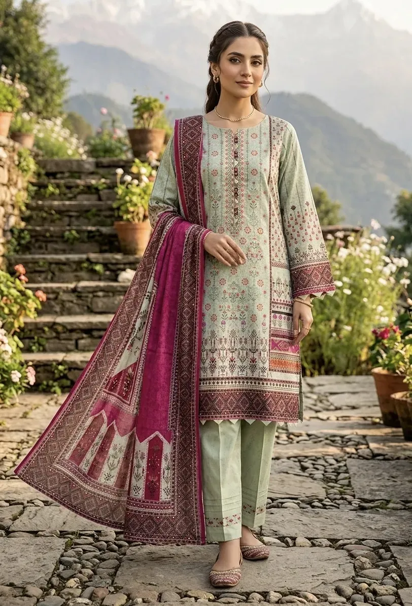 Mint Green & Magenta 3-Piece Lawn Ensemble with Chiffon Dupatta