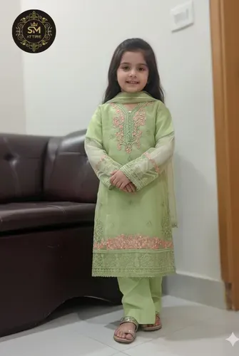 Mint Green Kids Collection Fancy Embroidered Organza Dress