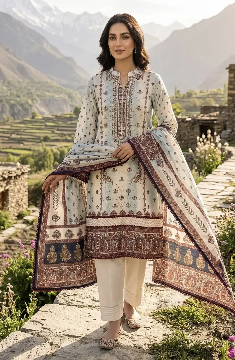 Serene Powder Blue & Off-White 3-Piece Lawn Ready to wear