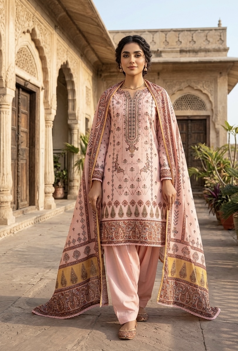 Soft Blush-Pink 3-Piece Lawn Suit