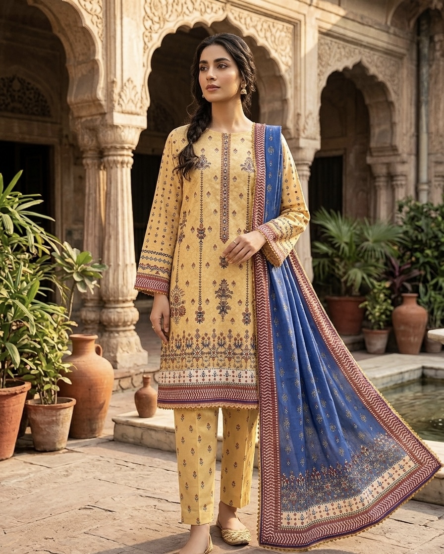 Soft Yellow & Indigo Blue 3-Piece Lawn